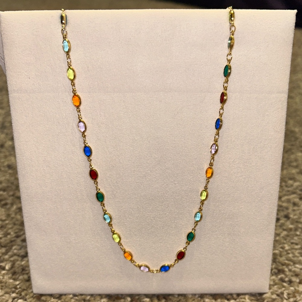 Gold Plated Oval-Cut Crystal Multi-Colored Necklace 23”